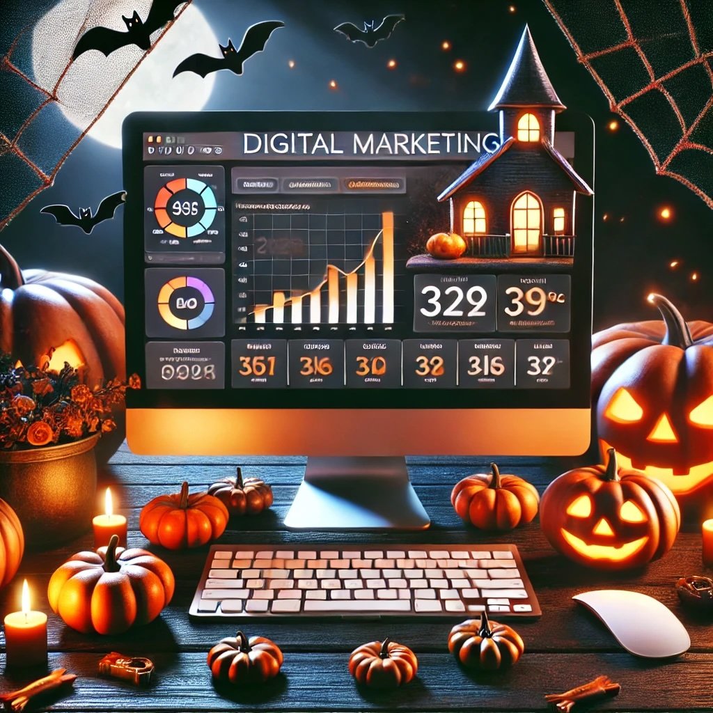 A spooky Halloween-themed digital advertising company workspace featuring pumpkins, a haunted house, and a marketing dashboard on a computer screen illuminated by glowing jack-o’-lanterns.