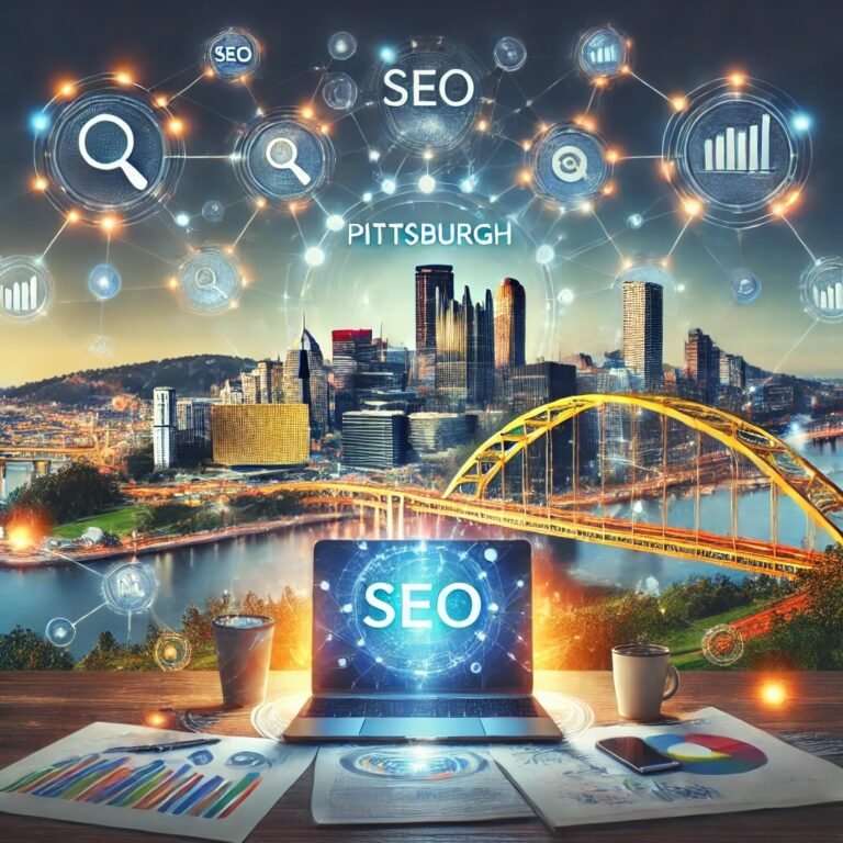 A vibrant digital marketing scene in Pittsburgh, with a city skyline and digital icons representing SEO, social media, and analytics, symbolizing modern marketing services for local businesses.