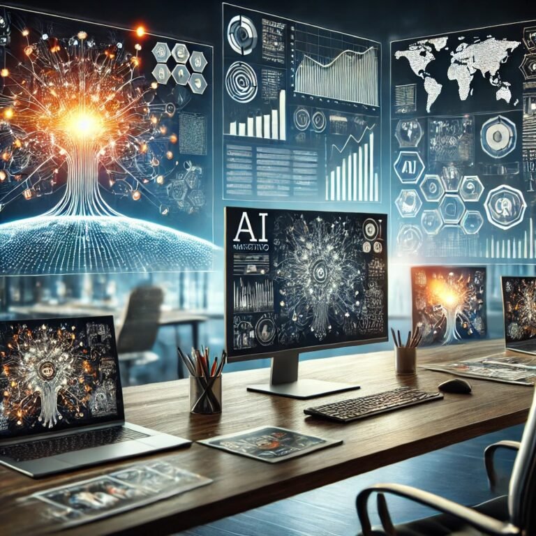 Modern AI marketing agency with advanced computer screens displaying data analytics, AI algorithms, and marketing automation visuals, set in a sleek, innovative office environment.